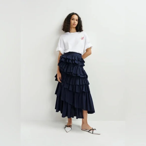 NWT Elegant Navy Blue Tiered 100% Cotton Skirt - Picture 2 of 9
